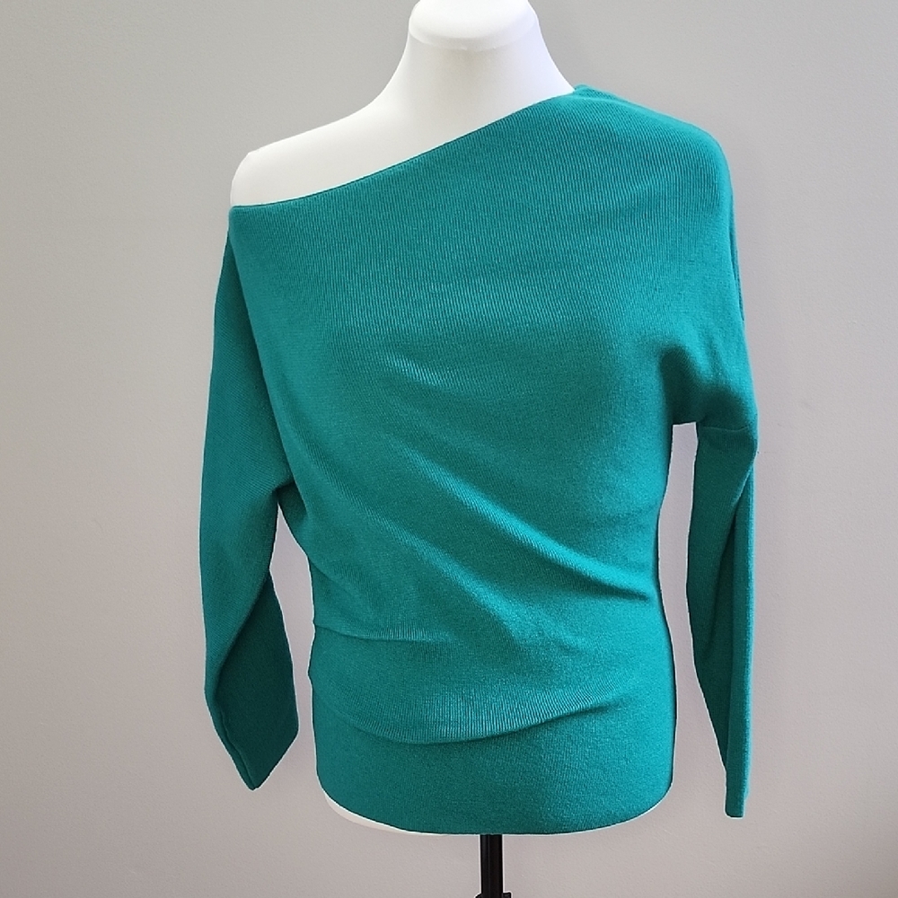 HALARA Teal Off-Shoulder drop shoulder ruched sweater
